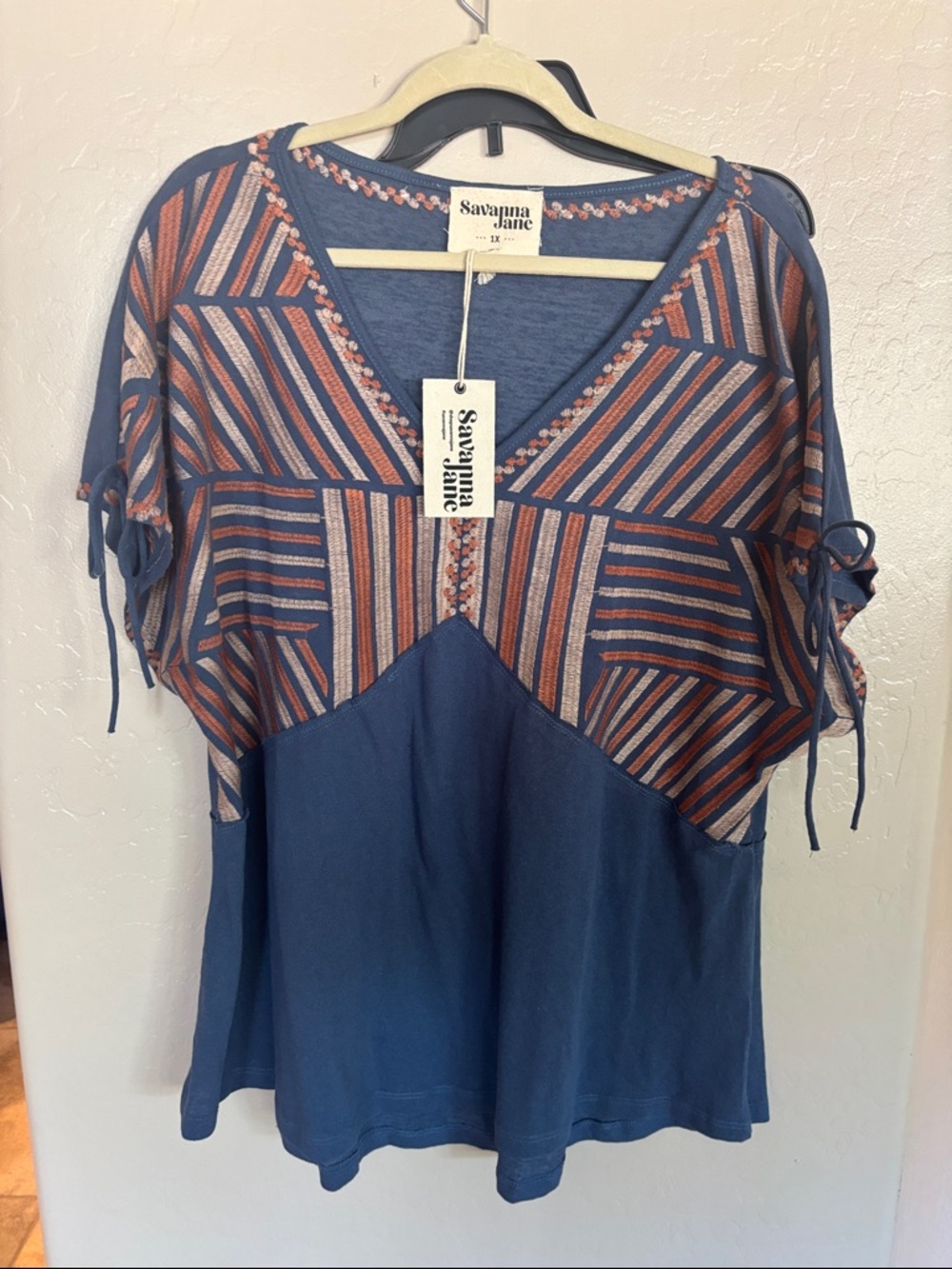 Savanna Jane Blue and Rust Striped V‑Neck Boho Top